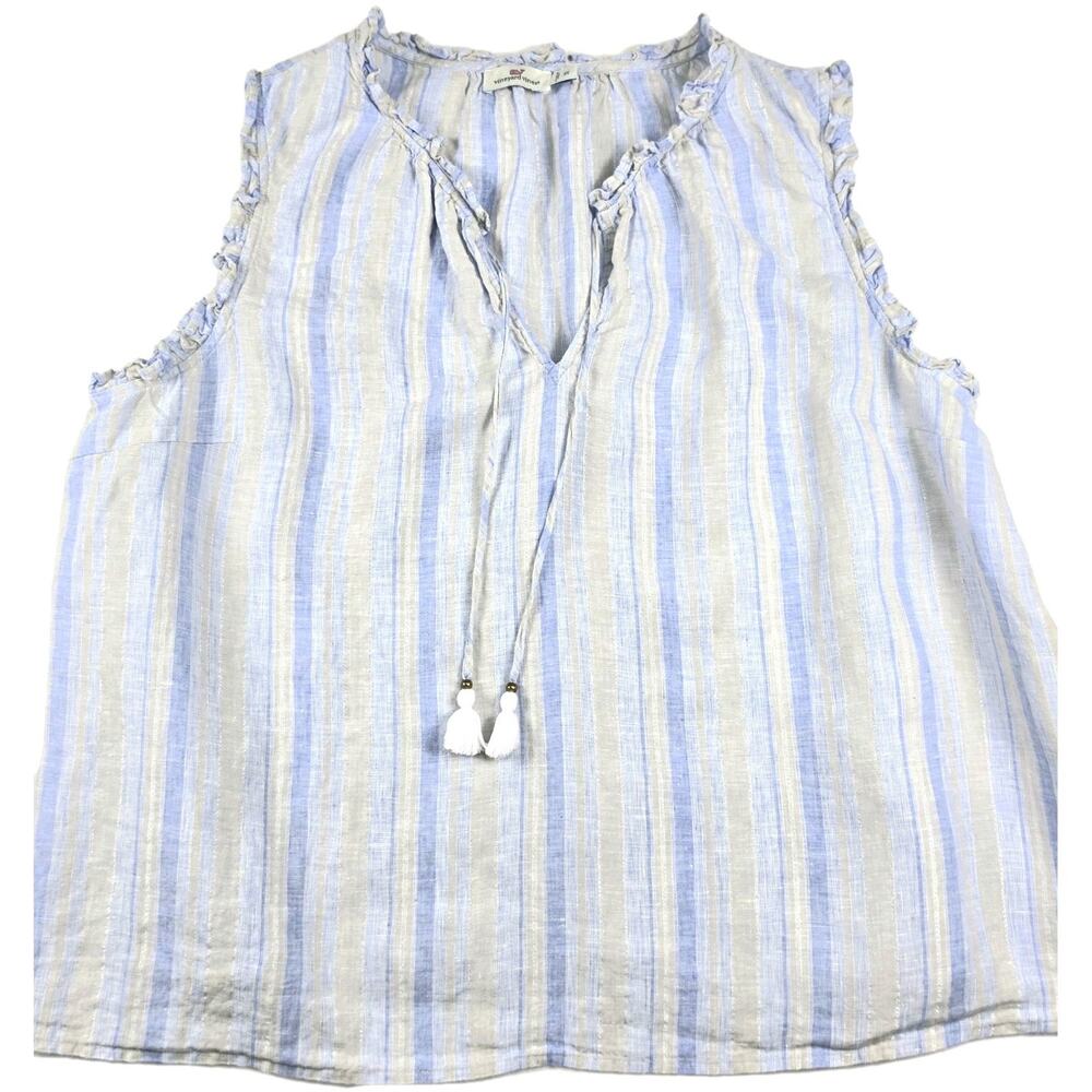 Vineyard Vines Women 3X Blue Striped 100% Linen Tassel Sleeveless Blouse Top